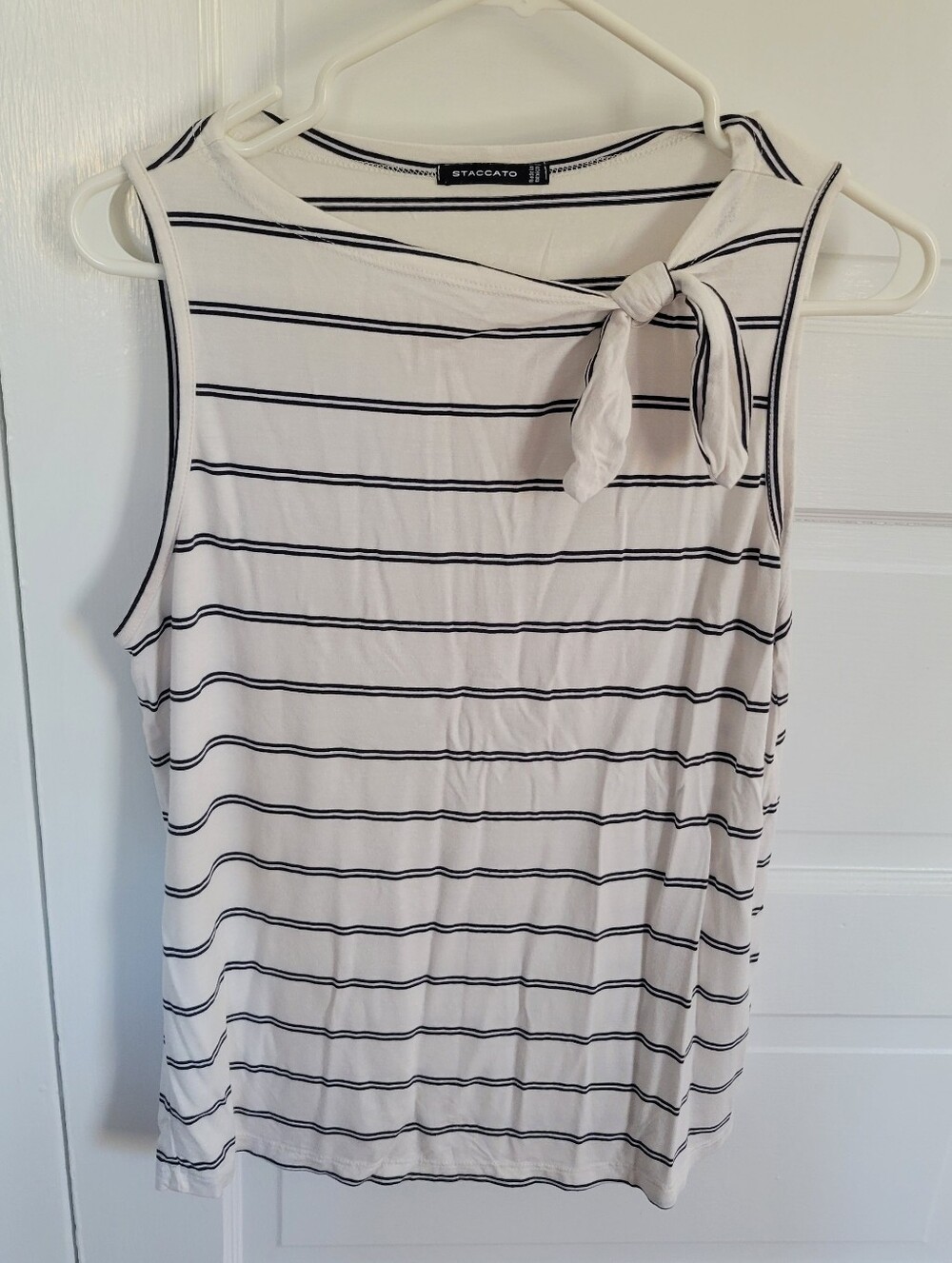STACCATO White and Black Striped Tie-Neck Sleeveless Tank